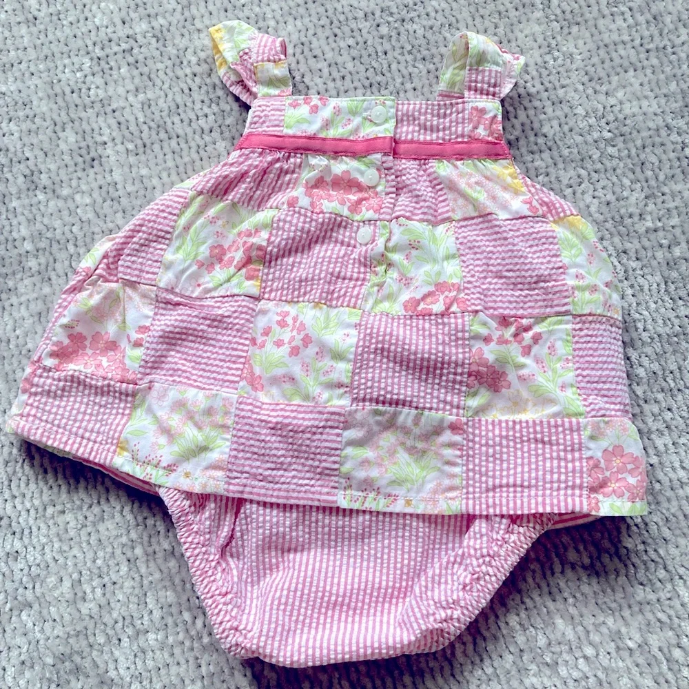 Janie And Jack‎ Patchwork Romper Dress 0-3 Months Floral Seersucker Pink
